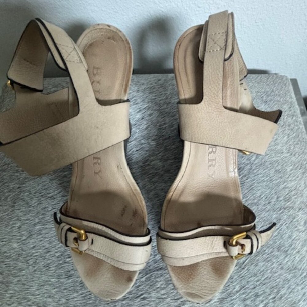 Burberry Tan Leather Buckle Platform Sandals